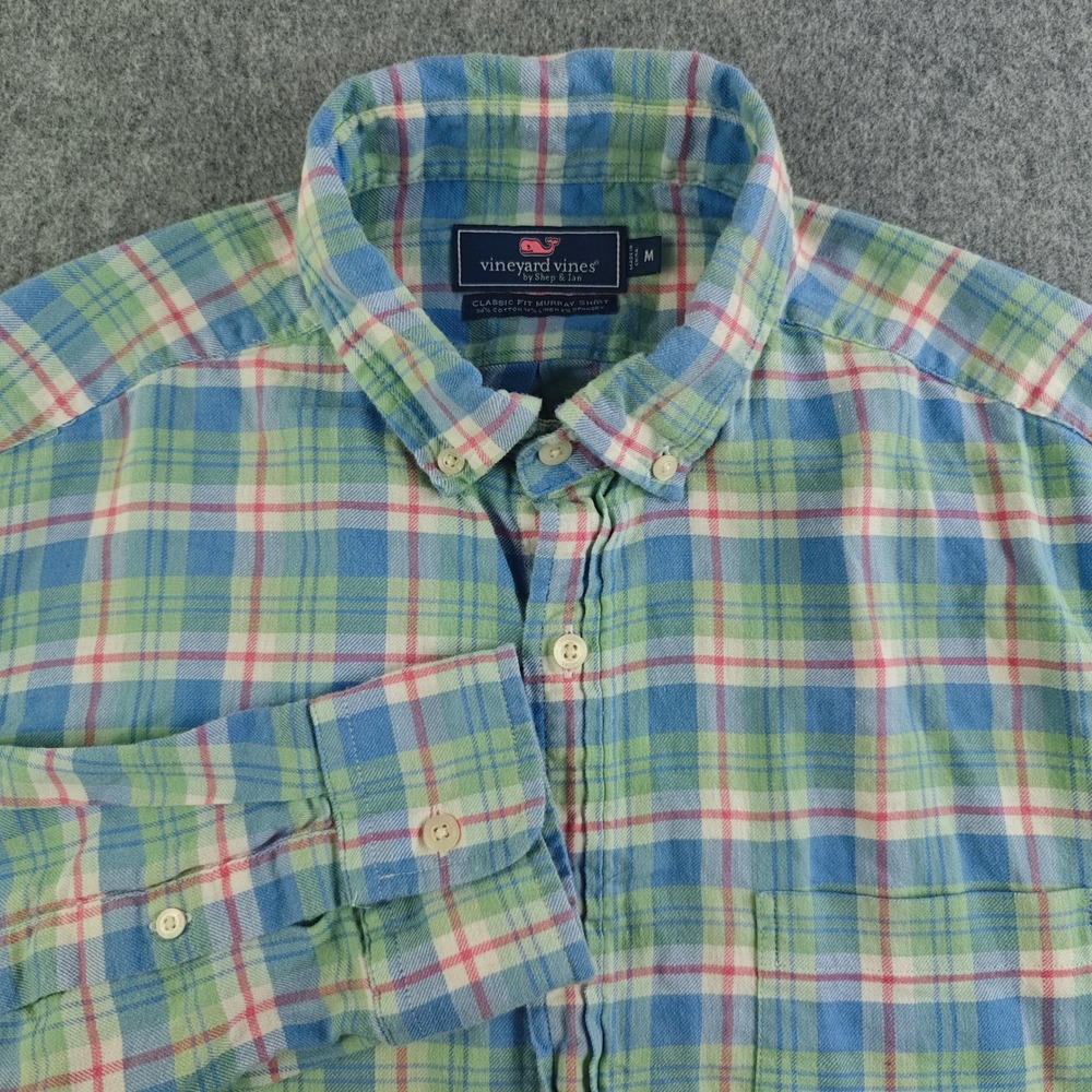 Vineyard Vines Murray Shirt Mens Medium Blue Green Plaid Cotton Linen Blend LS